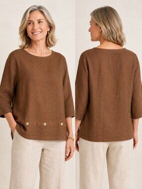 Hot Cotton Boxy Women Top Linen Long-Sleeve W/Button Detail Brown Xlarge